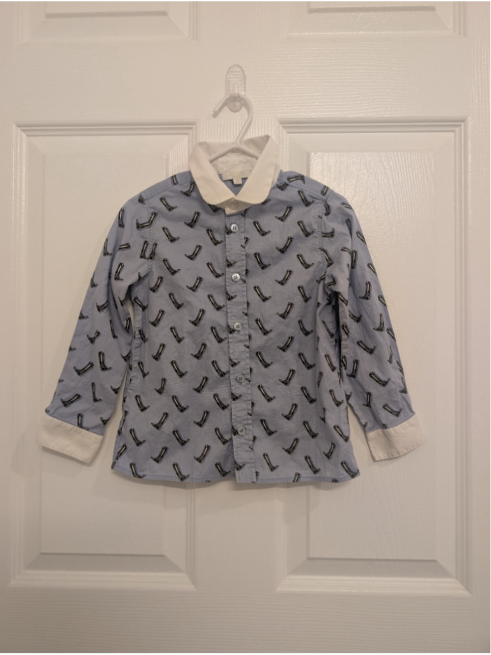 Gucci Kids Blue Equestrian Riding Boot Print Long Sleeve Button Up Shirt 24M